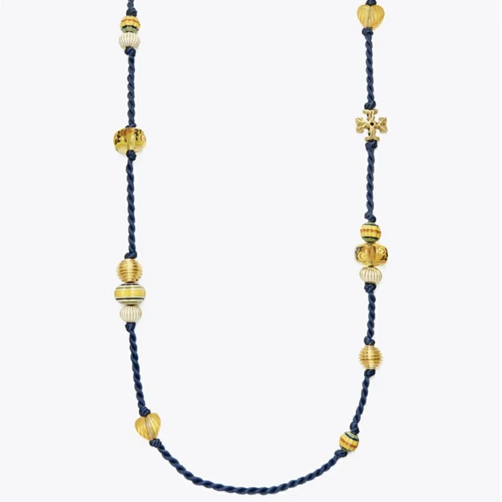 Tory Burch Long Beaded Necklace Silk Cord Gold Beads Statement Layering Necklace